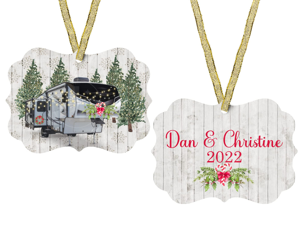 5th Wheel Christmas Ornament front view aluminum