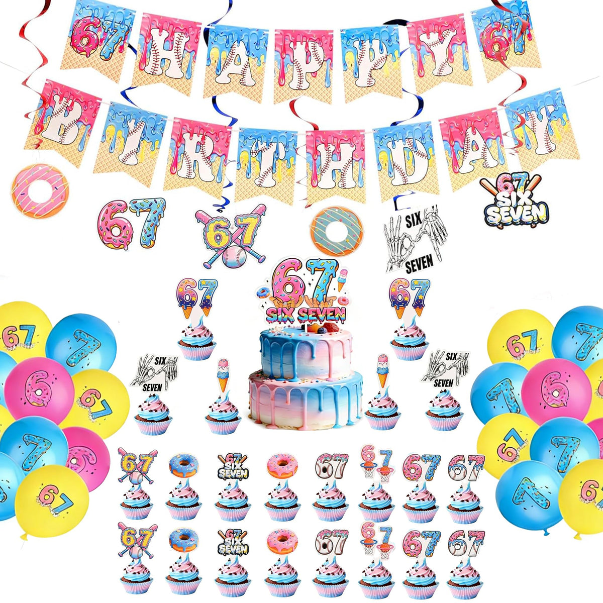6 7 Birthday Decorations Set banner and toppers arrangement