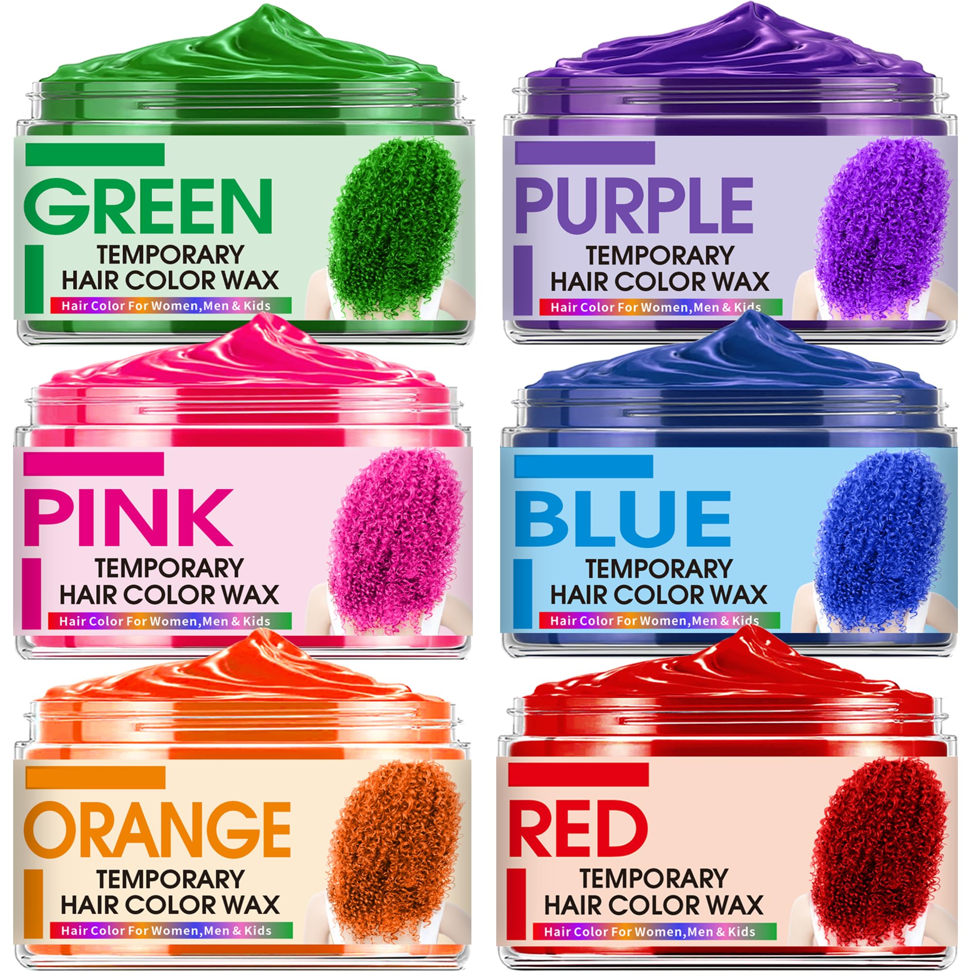 Six color temporary hair color wax packaging showing six color options