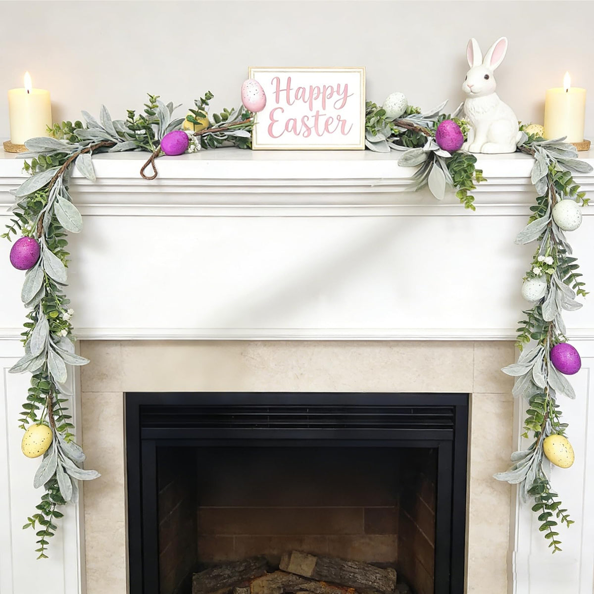 6 ft Easter Egg Garland with Lights featuring 10 large colorful eggs
