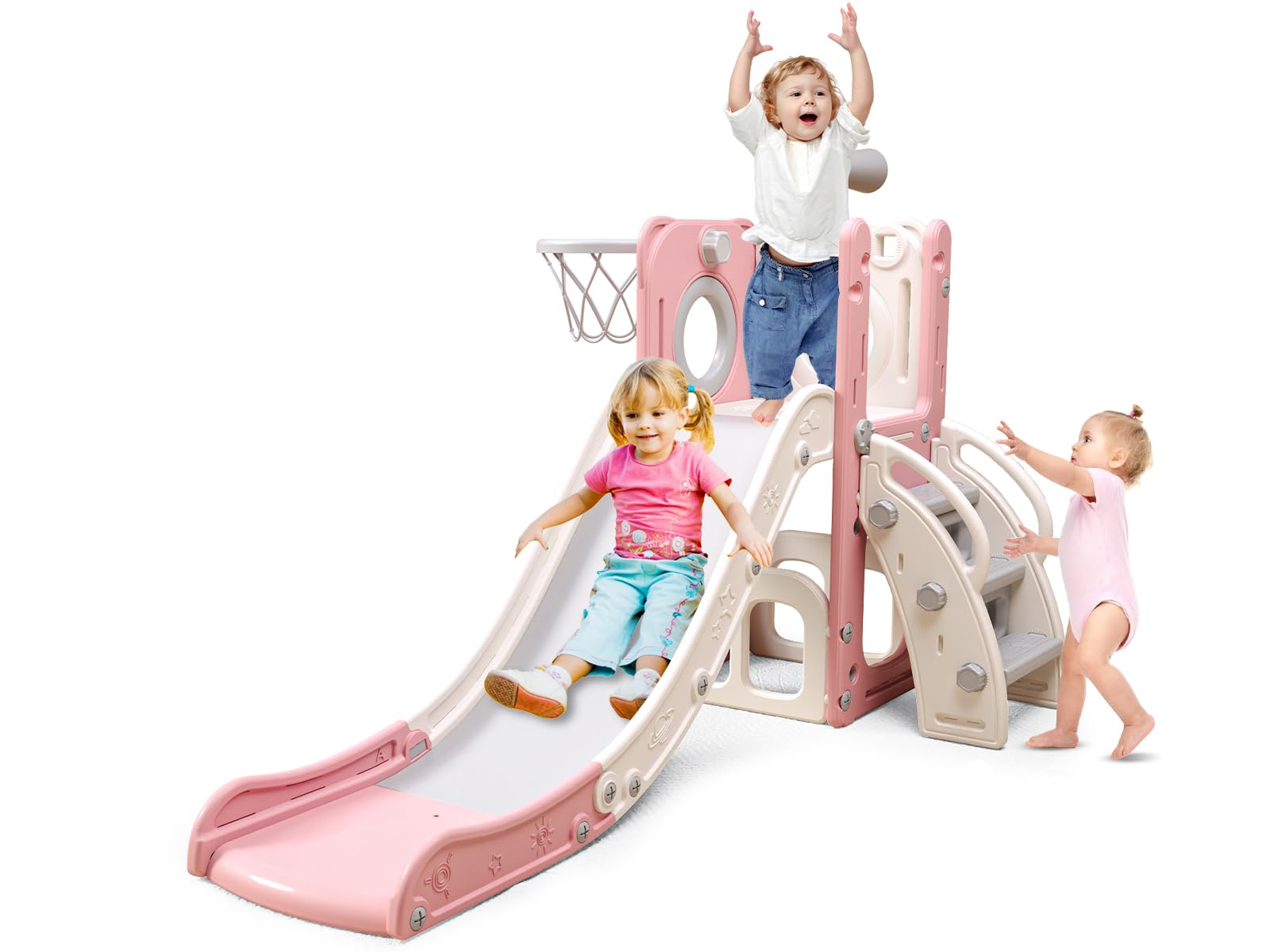 6 in 1 toddler playset with slide in pink white