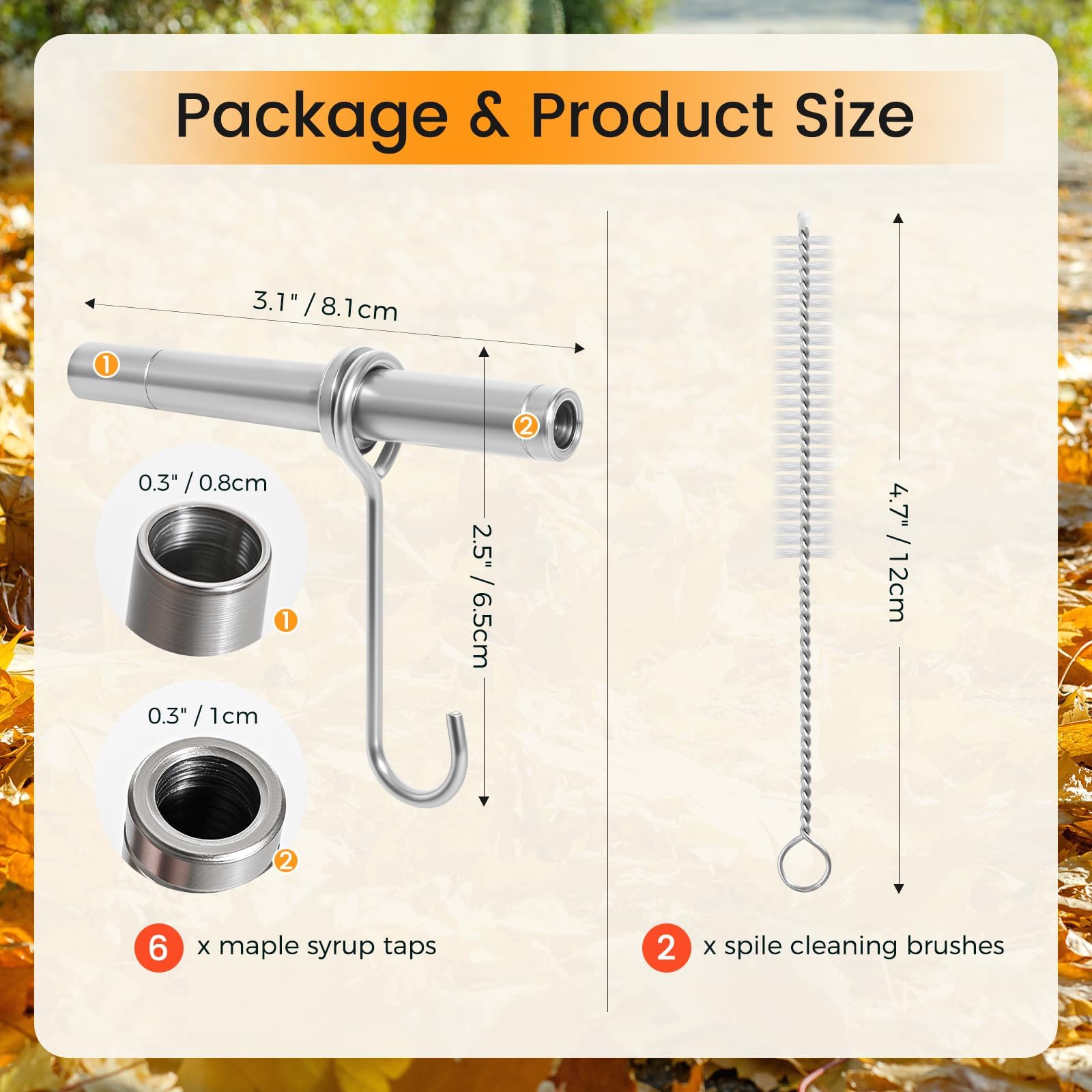 Six maple taps with integrated hooks
