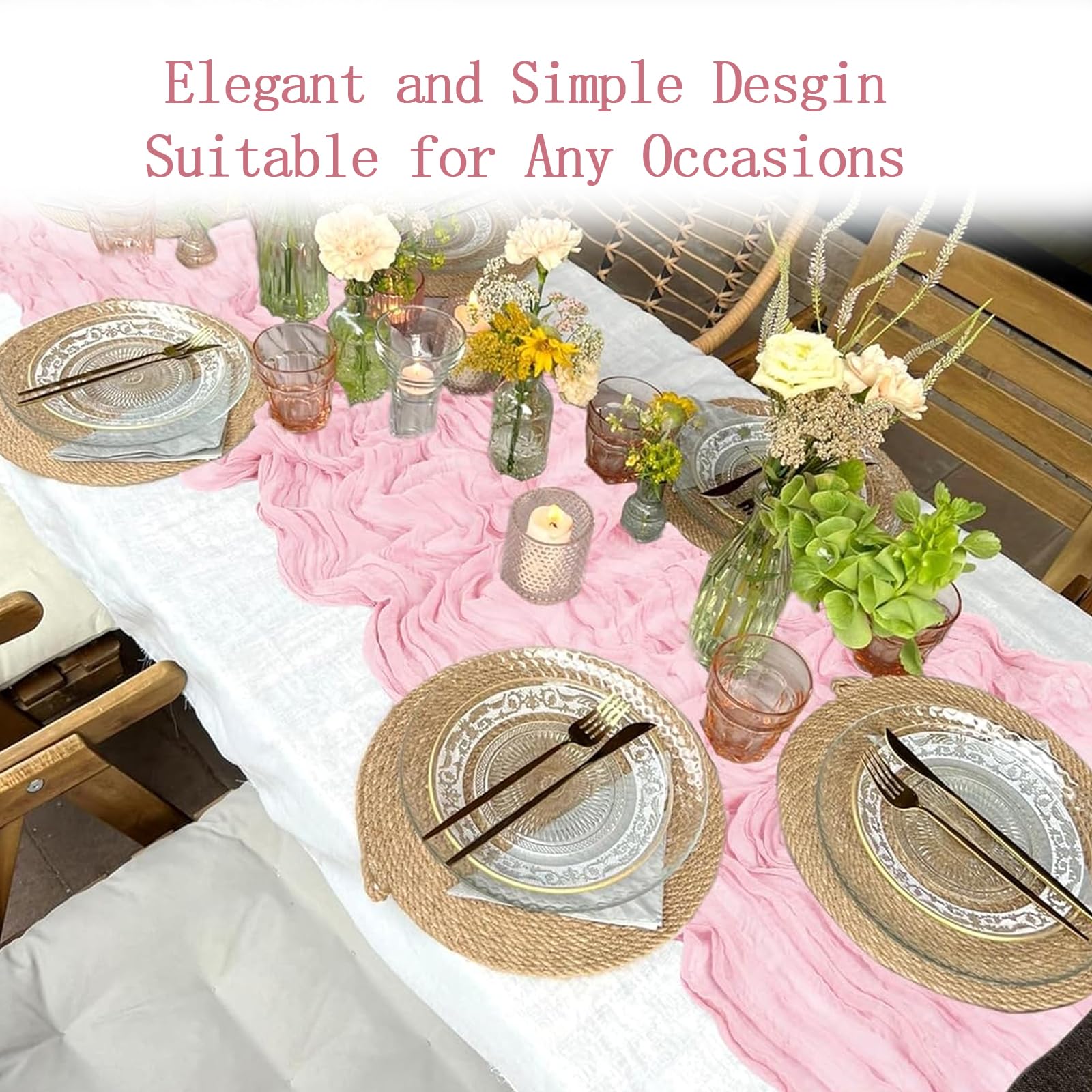 Light pink cheesecloth runner used with candles and flowers