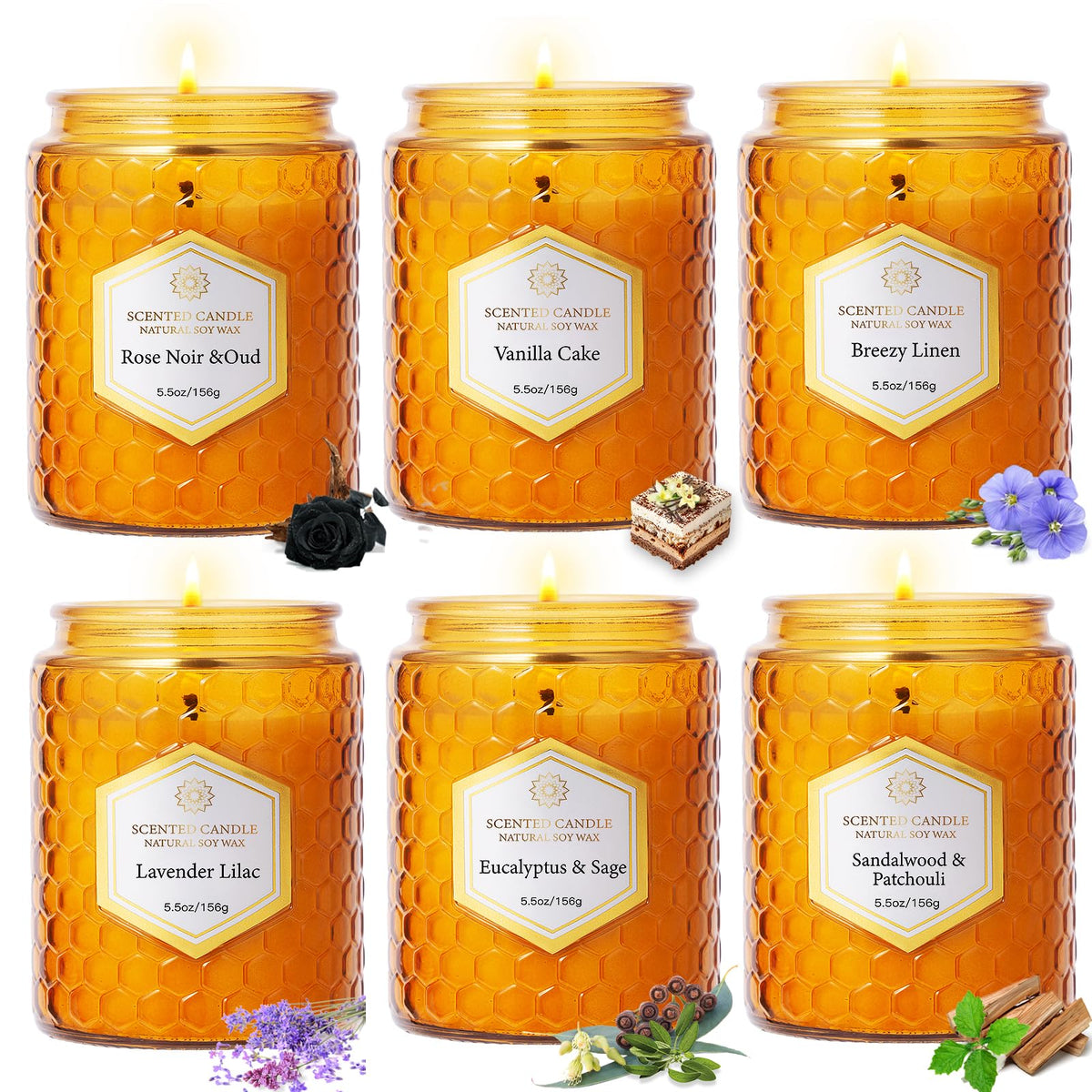 Six pack natural soy wax jar candles set with six scents