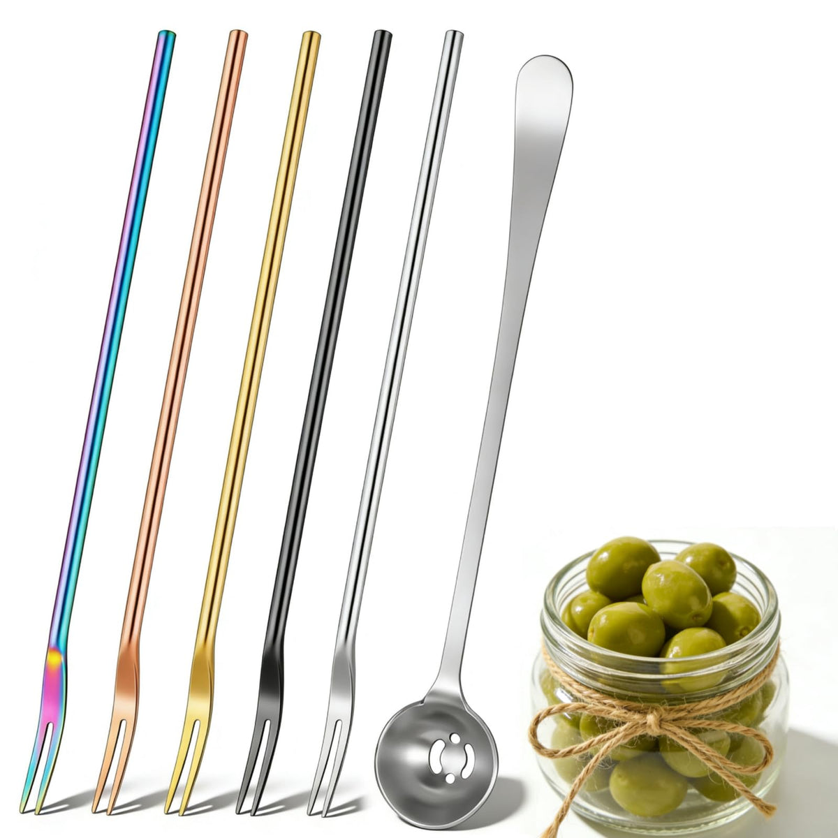 6-pcs-pickle-fork-set with 5 colorful forks and 1 olive spoon