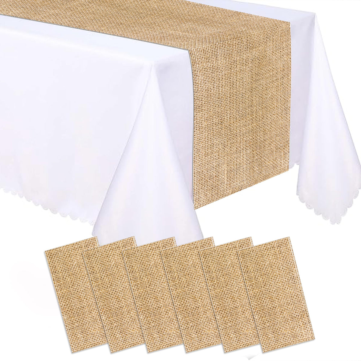Six pack of plastic burlap print table runners 14x108