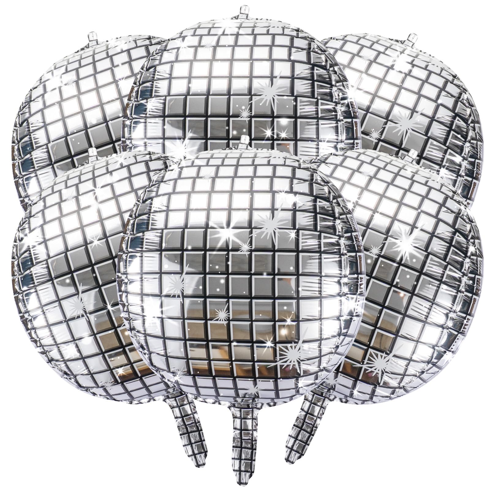 six 22-inch silver disco balloons ready for party decor