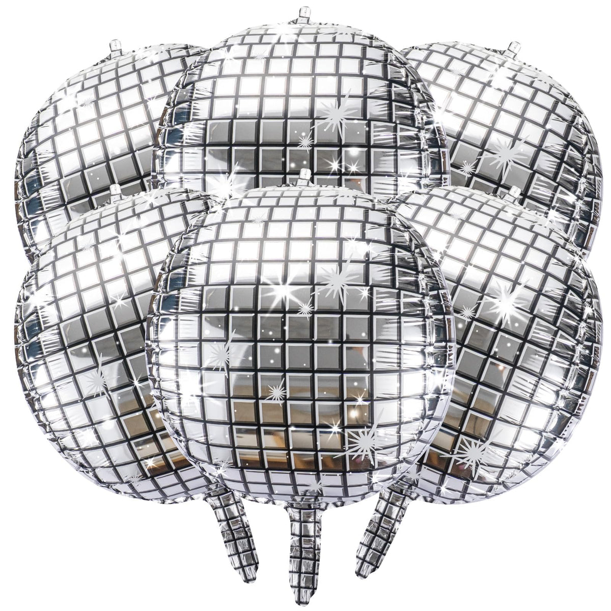 six 22-inch silver disco balloons ready for party decor