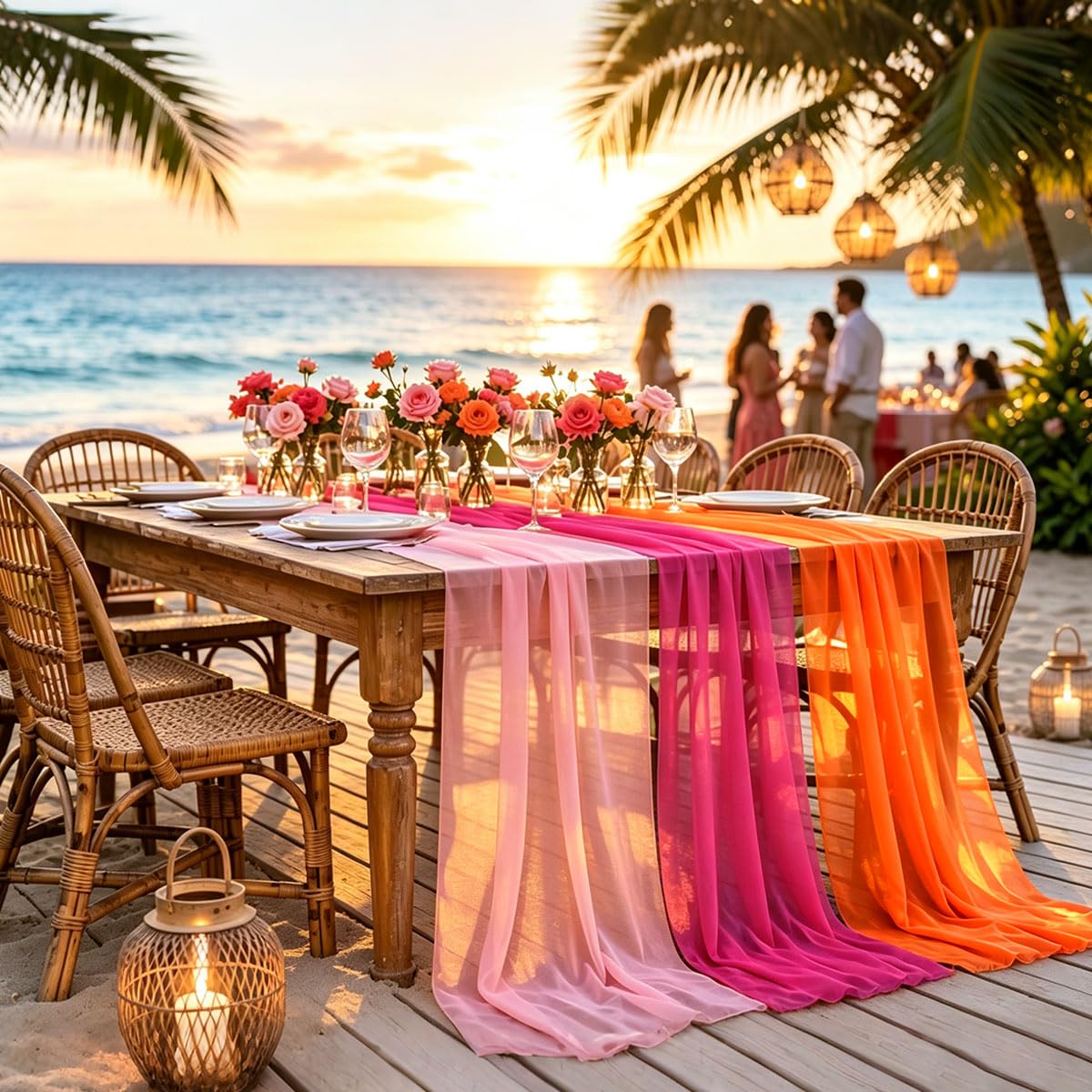Six piece Sunset Party Decorations Table Runner set in pink orange magenta