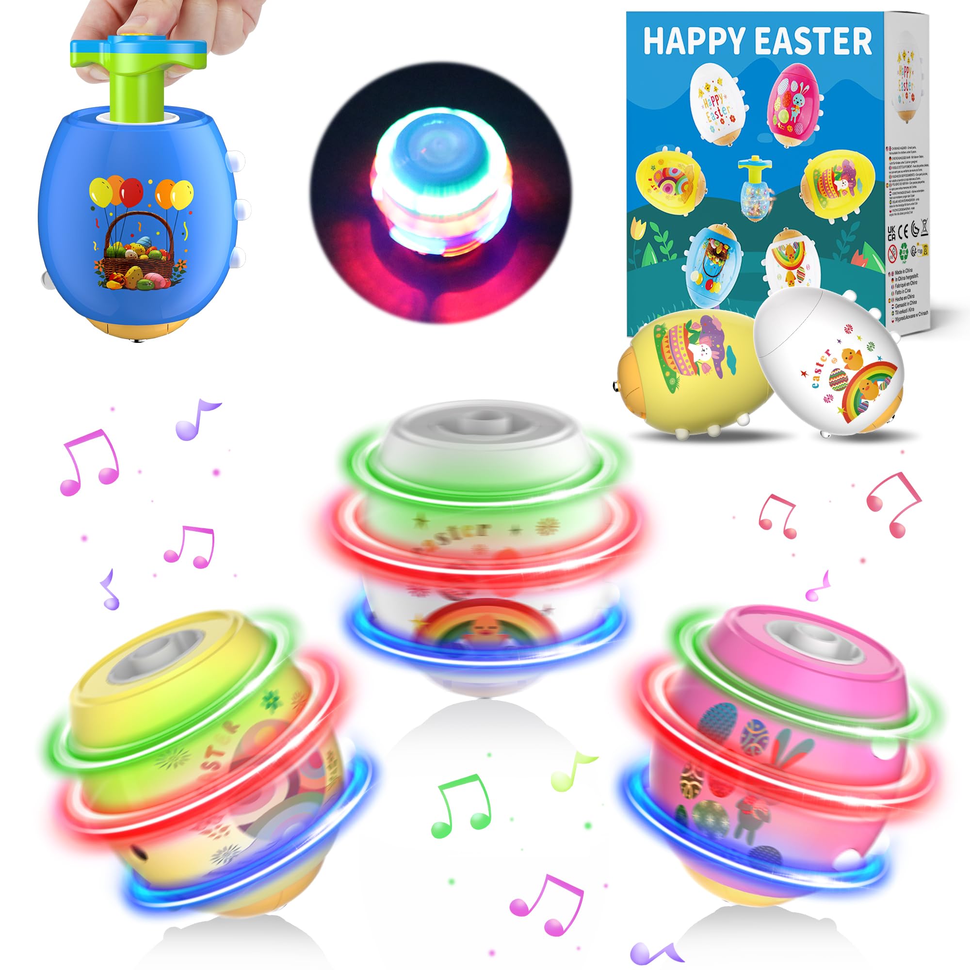 Six piece Easter Egg Set with white yellow pink and blue eggs and gyroscopes