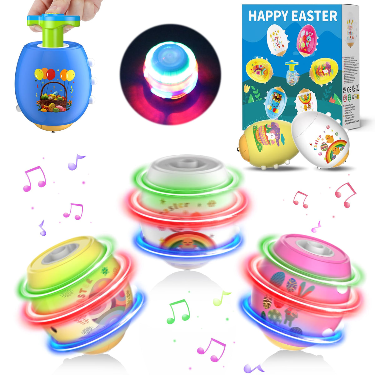 Six piece Easter Egg Set with white yellow pink and blue eggs and gyroscopes