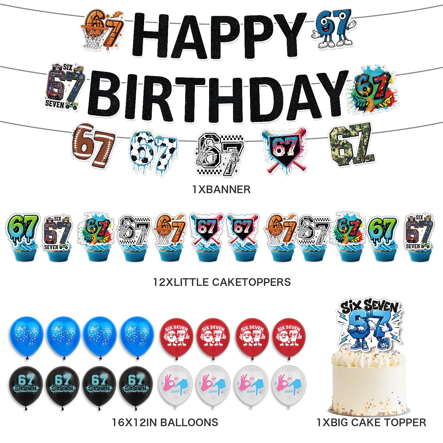 67 Meme Themed Birthday Party decorations banner and toppers