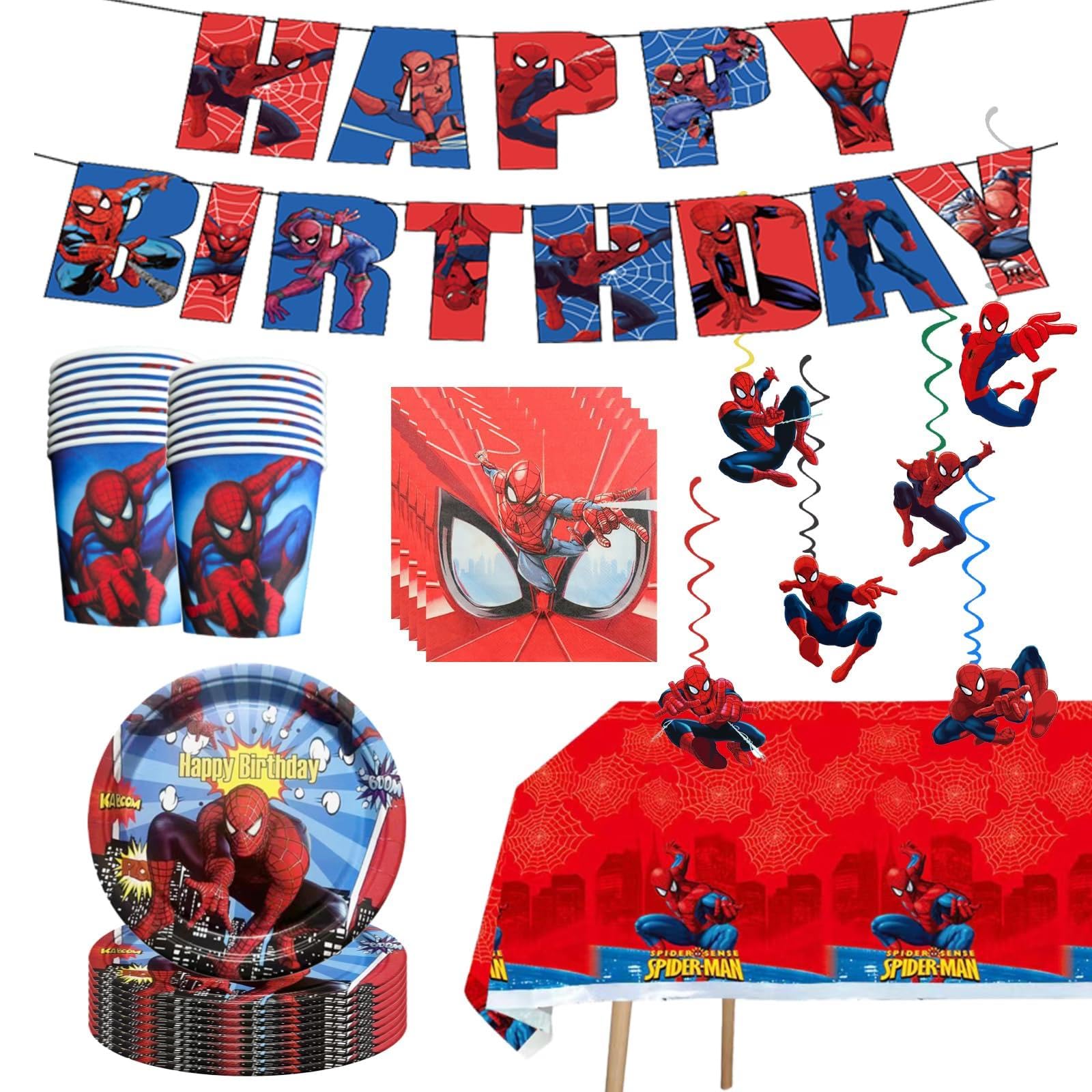 68pcs spidey birthday decorations contents plates napkins cups banner swirls tablecover