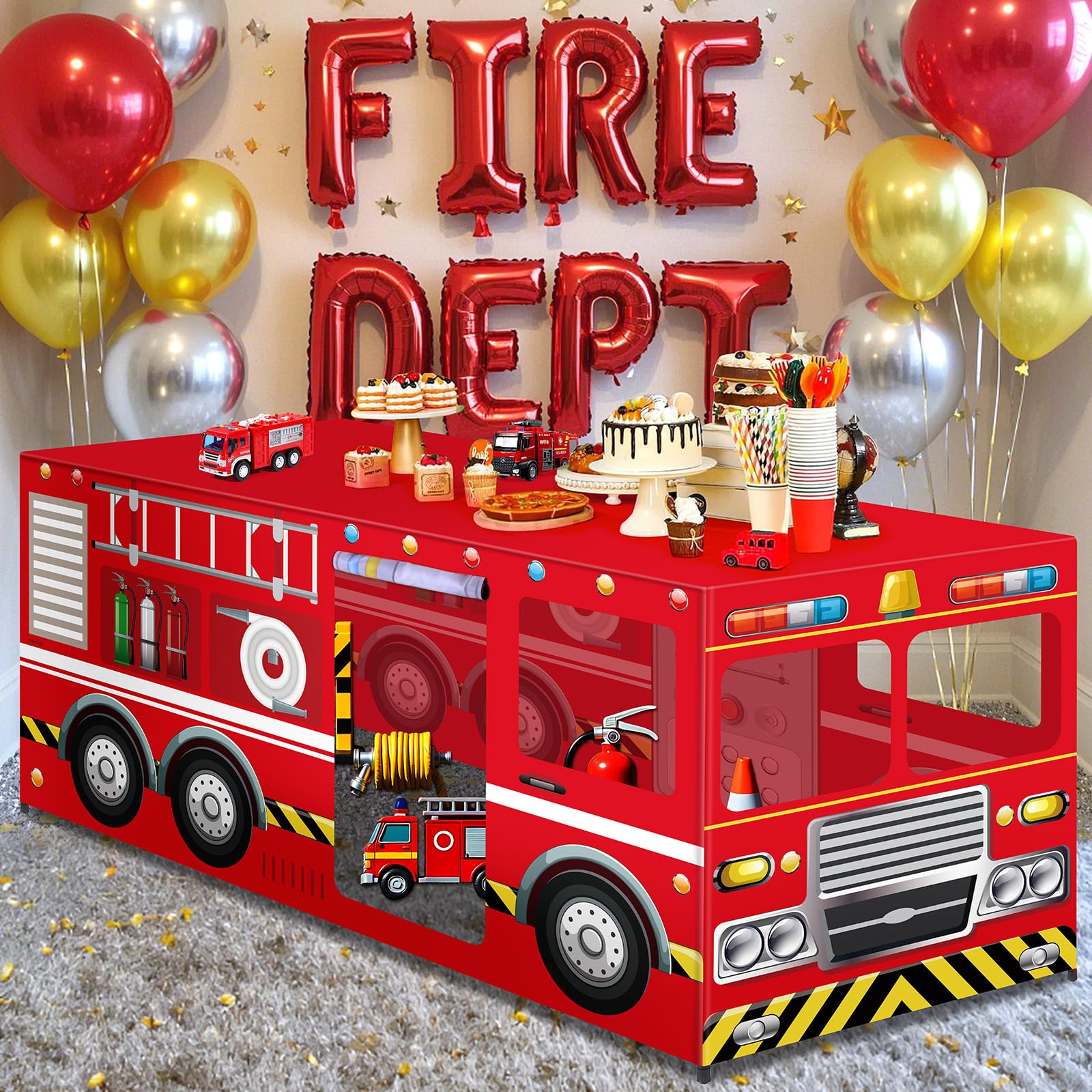 6ft firetruck birthday playhouse tablecloth on rectangular table