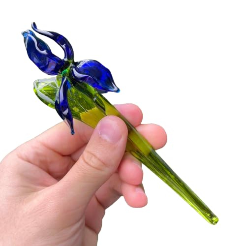 7 inch blue glass iris figurine on a shelf