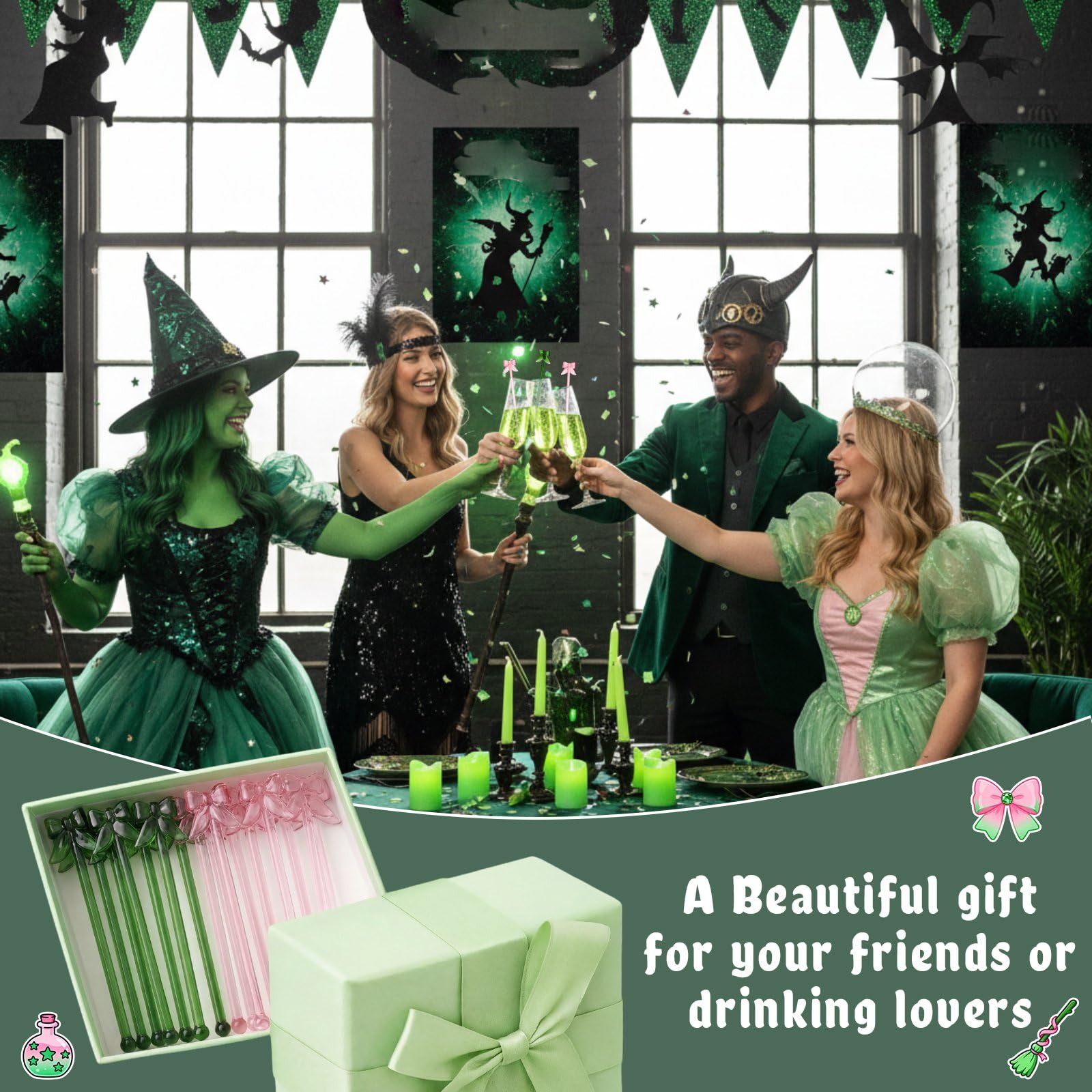 Witch glass stirrers 7 inch pink green FoldTier