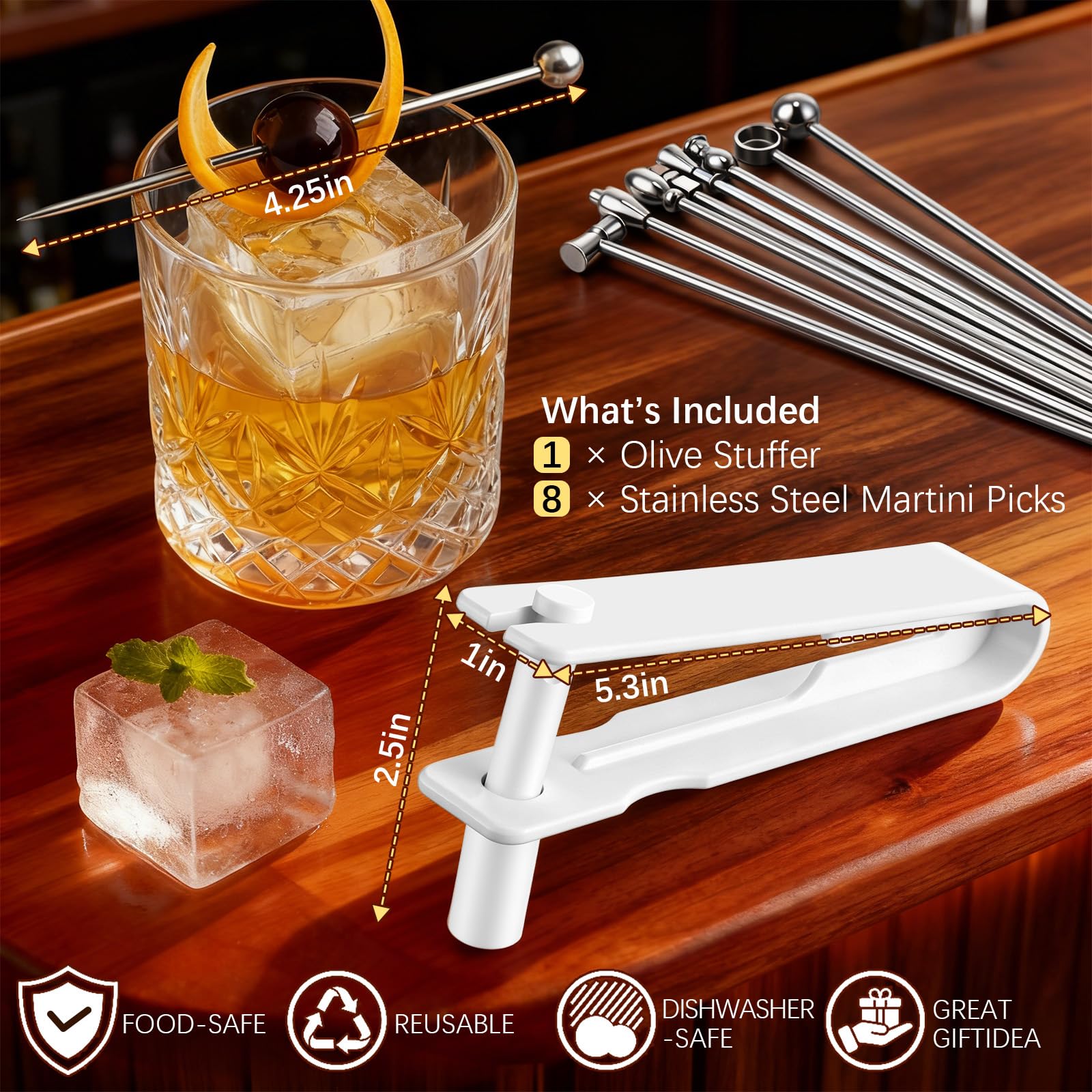 Eight 4.25 inch stainless steel martini picks for garnishes