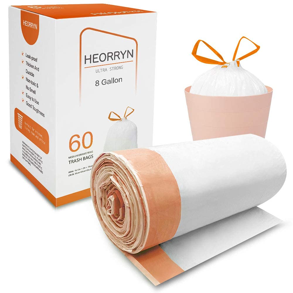 8 gallon drawstring trash bags on roll with orange handles