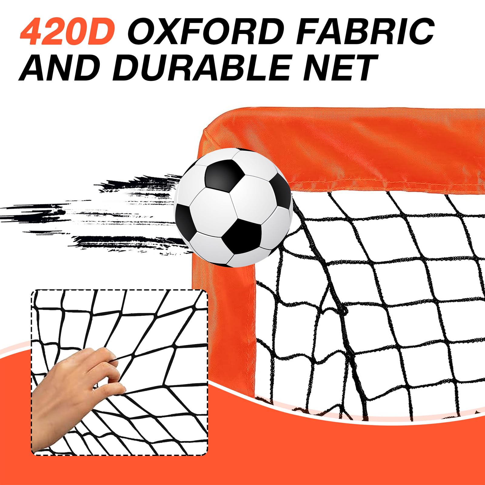 Fiberglass poles and reinforced stitching on goal