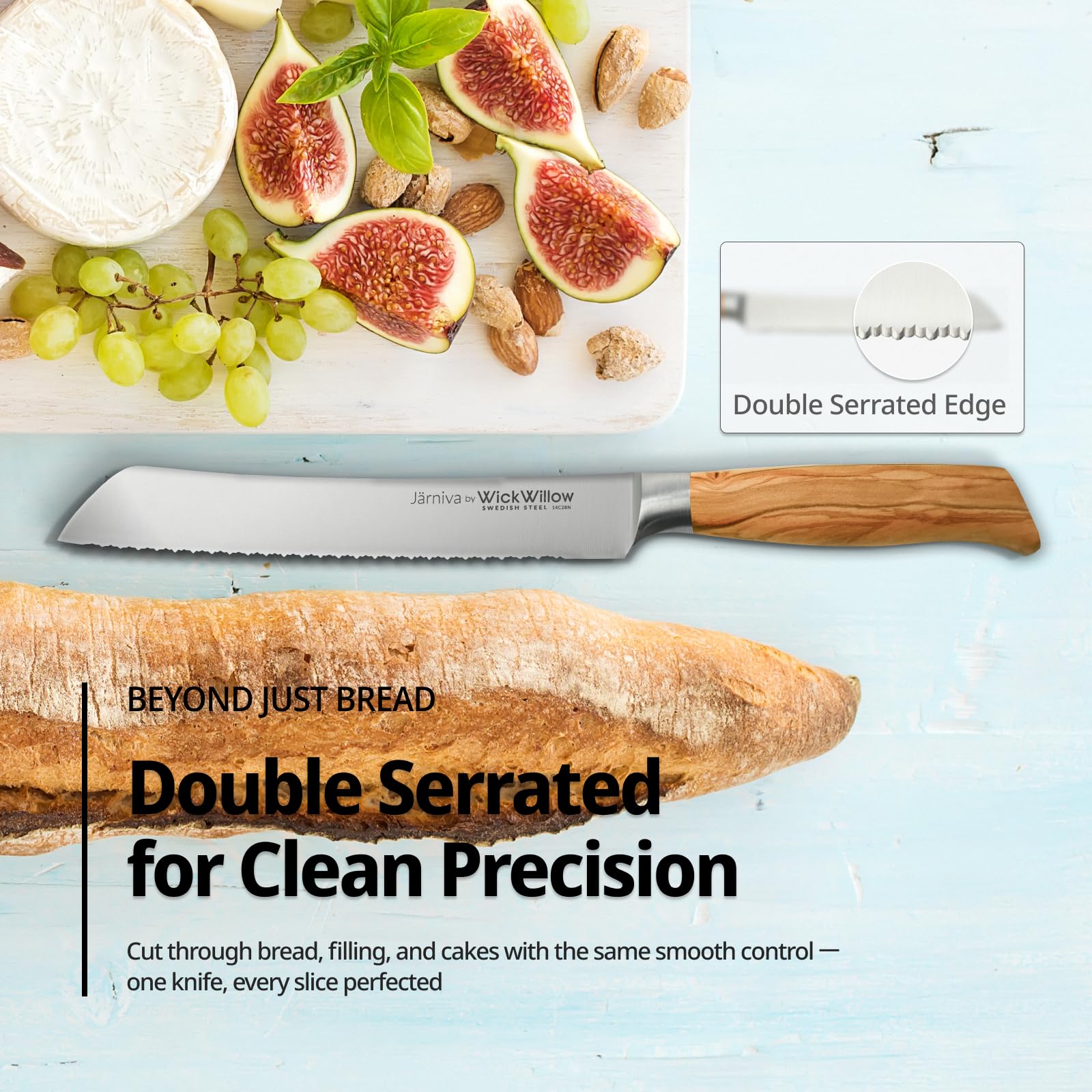 Swedish steel double serrated bread knife for crusty loaves
