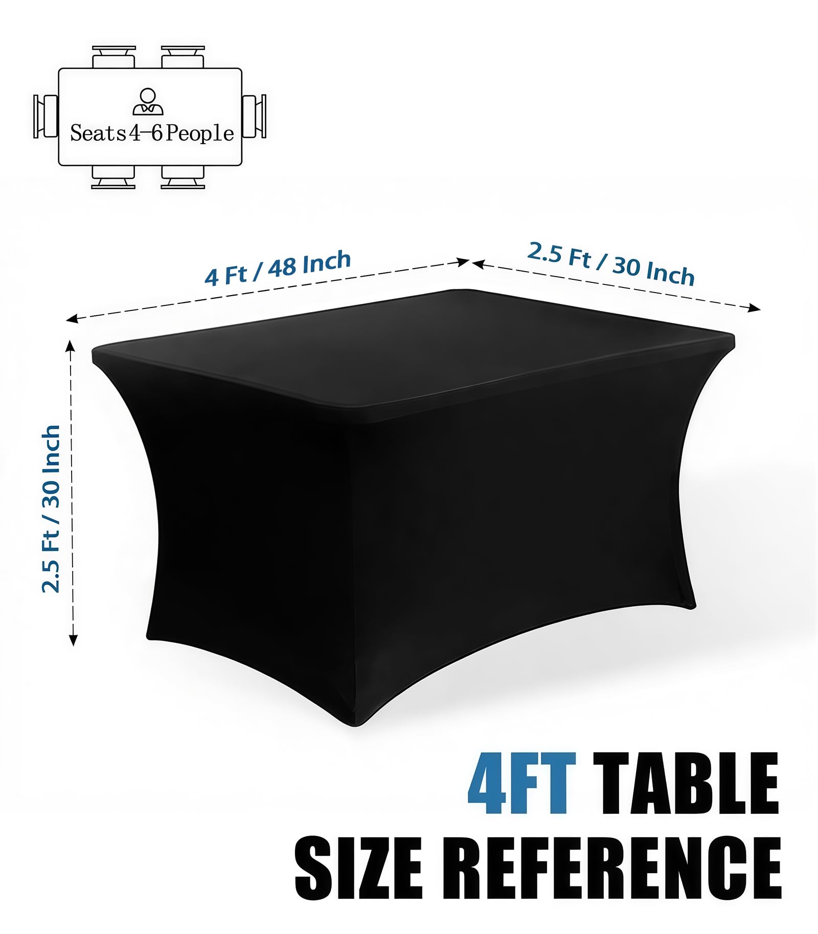 back view showing reinforced leg pockets on 4ft black table cloth