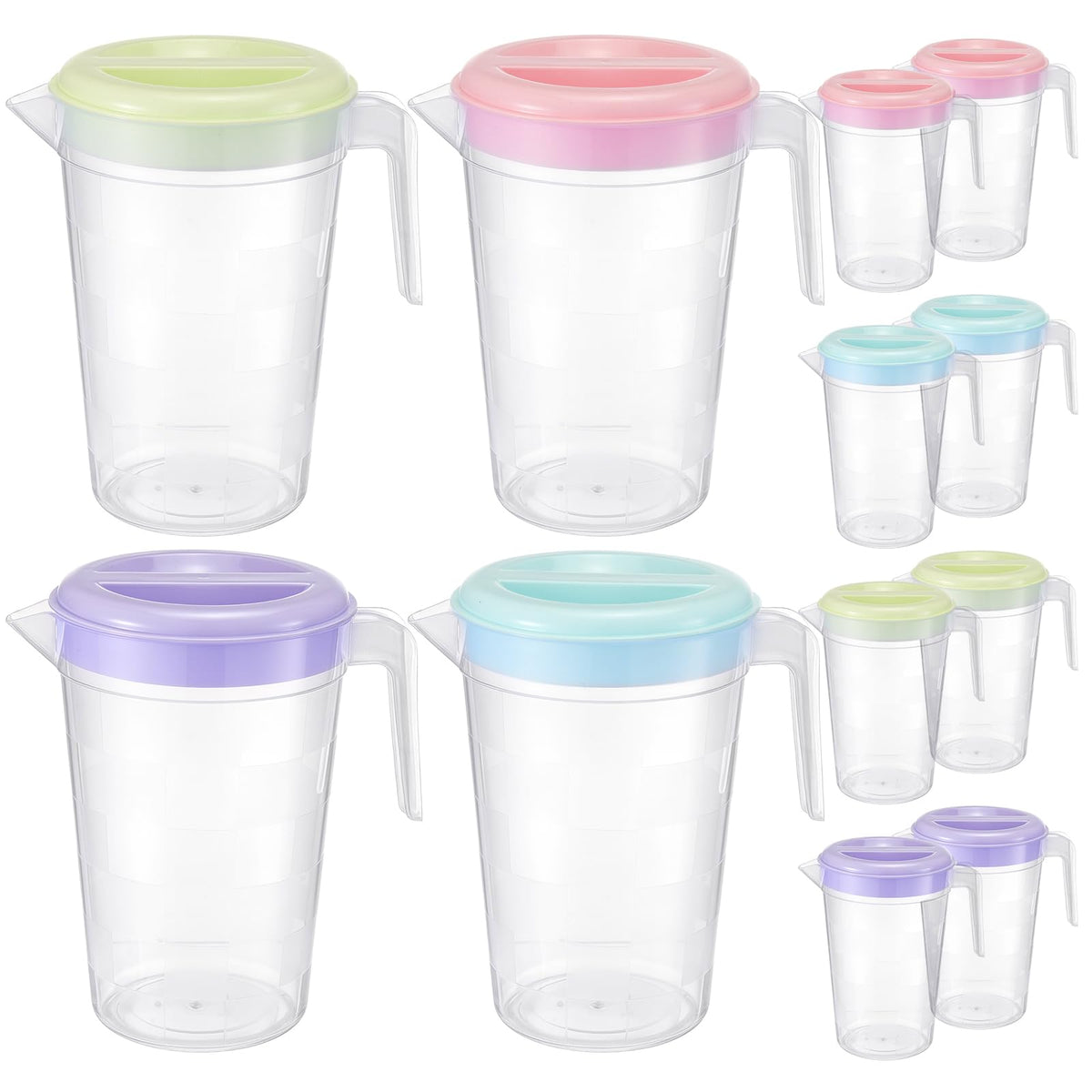 Eight piece 2Qt clear plastic pitcher set with lids and handles