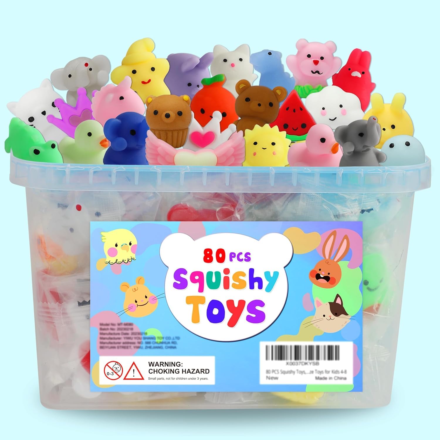 80 piece kawaii Mochi squishy toys in storage bucket