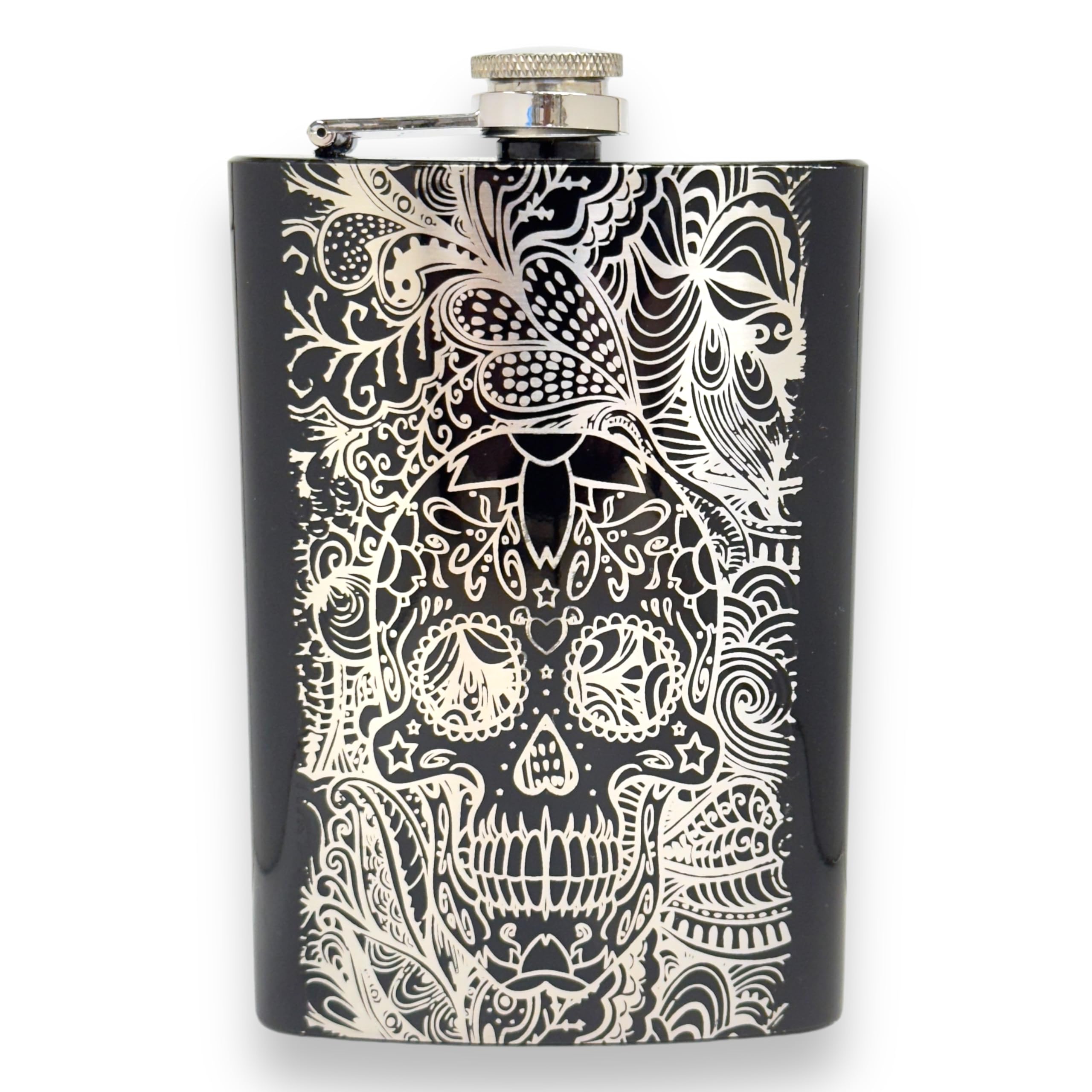 8oz BLACK Sugar Skull Pattern Flask front view