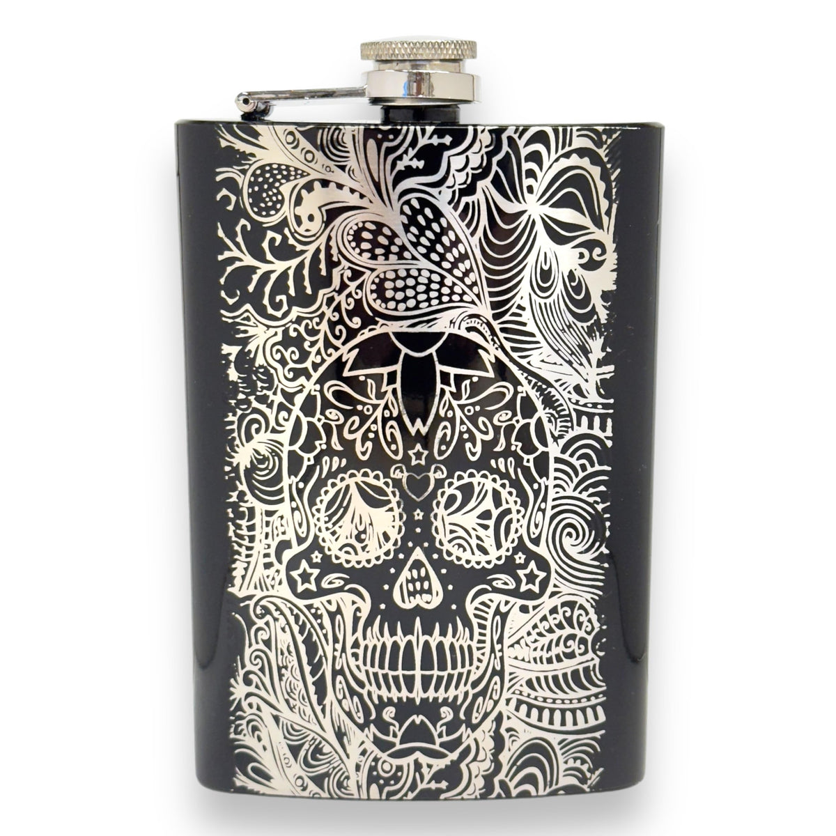 8oz BLACK Sugar Skull Pattern Flask front view