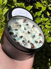 8 oz tin candle showing layered scent notes Top Lavender Middle Chamomile Sage Rosemary Base Cedar Sandalwood