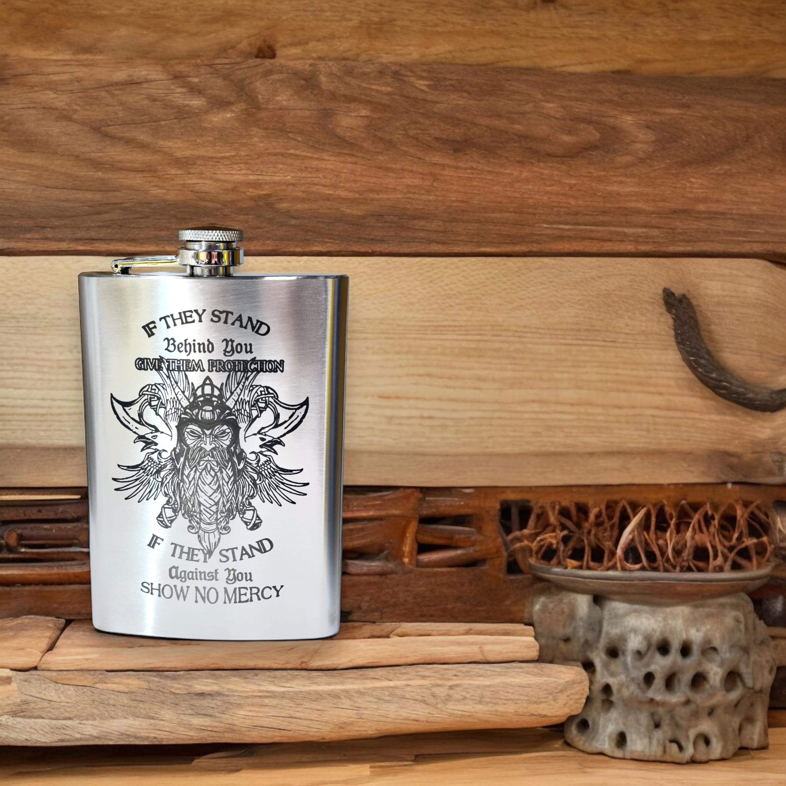 Sleek silver finish Viking No Mercy Flask 8 oz