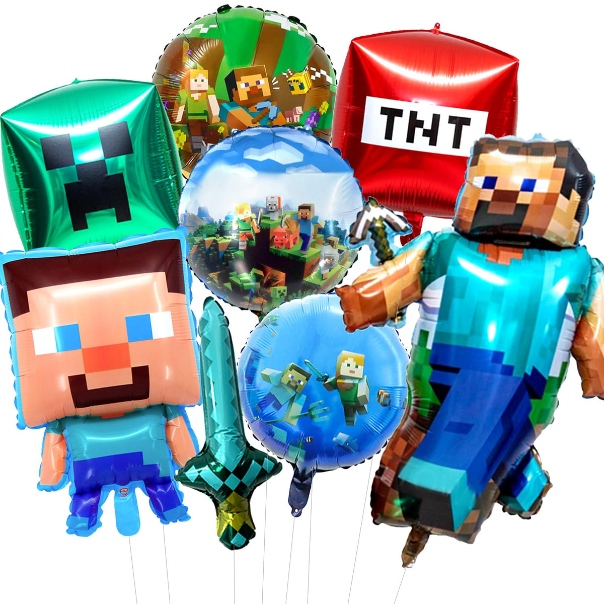 8Pcs Pixel Miner foil balloons set with two square balloons and straw