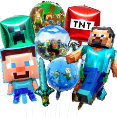 8Pcs Pixel Miner foil balloons set with two square balloons and straw