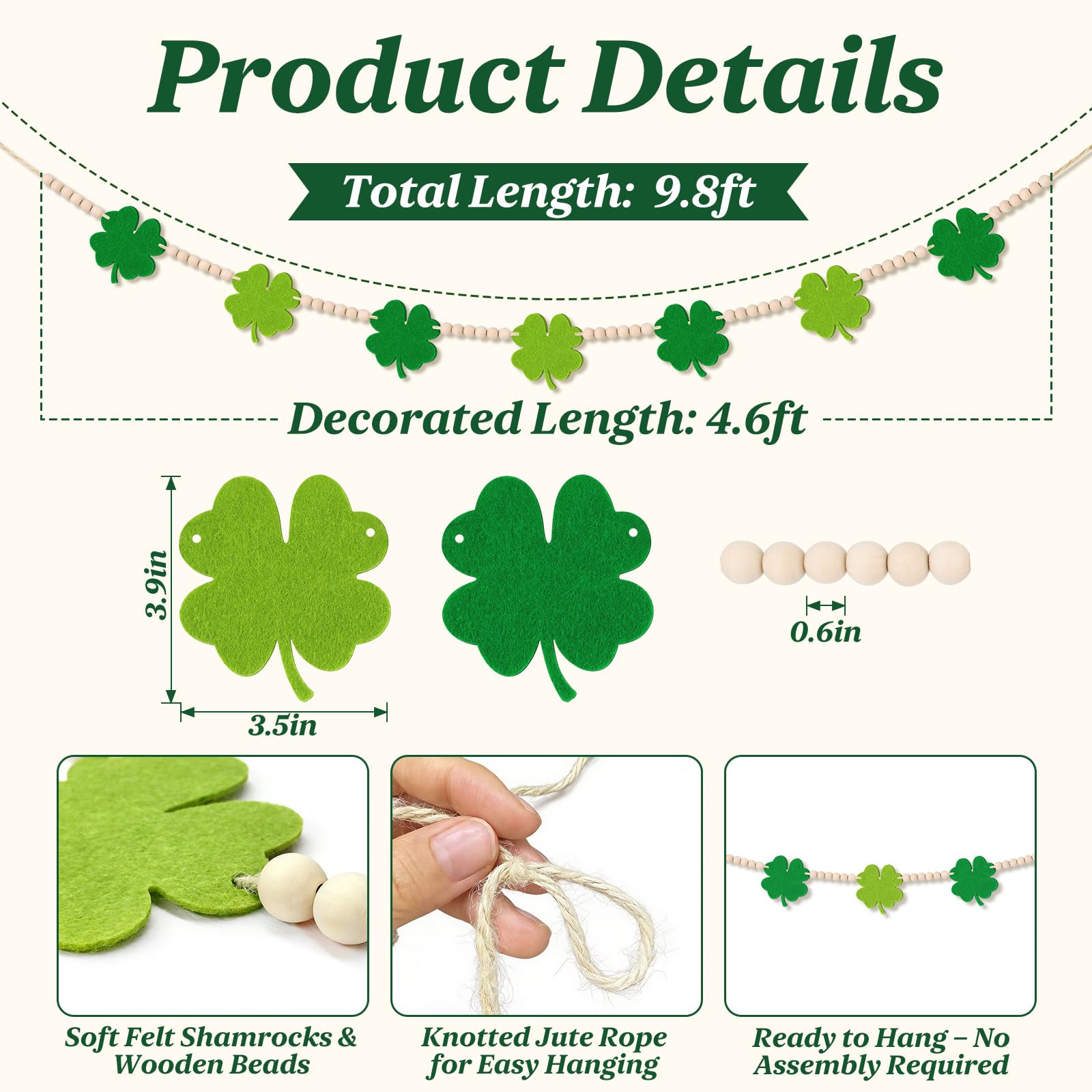 9-8ft pre-strung garland showing shamrocks and wooden beads