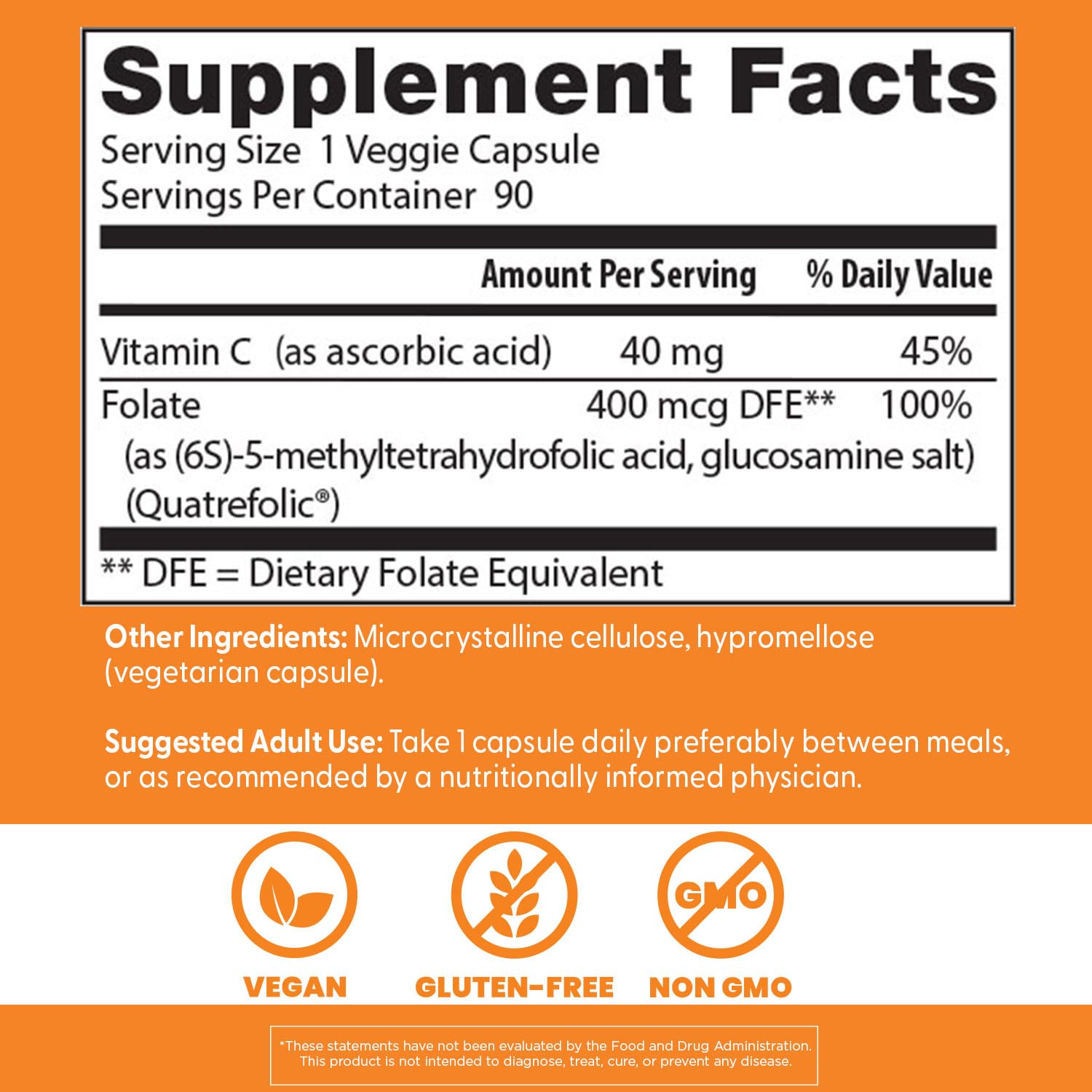 Non-GMO vegan gluten free folate capsules