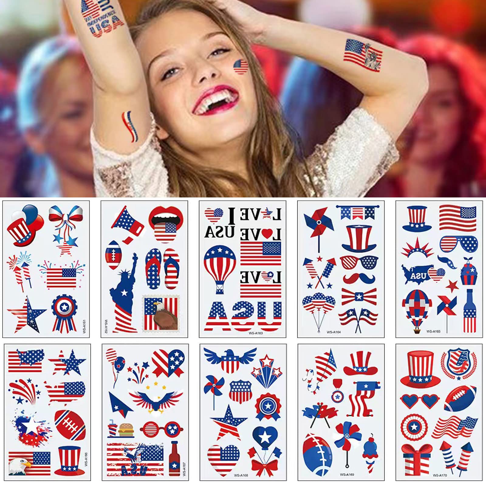 90pcs patriotic tattoos across 10 sheets
