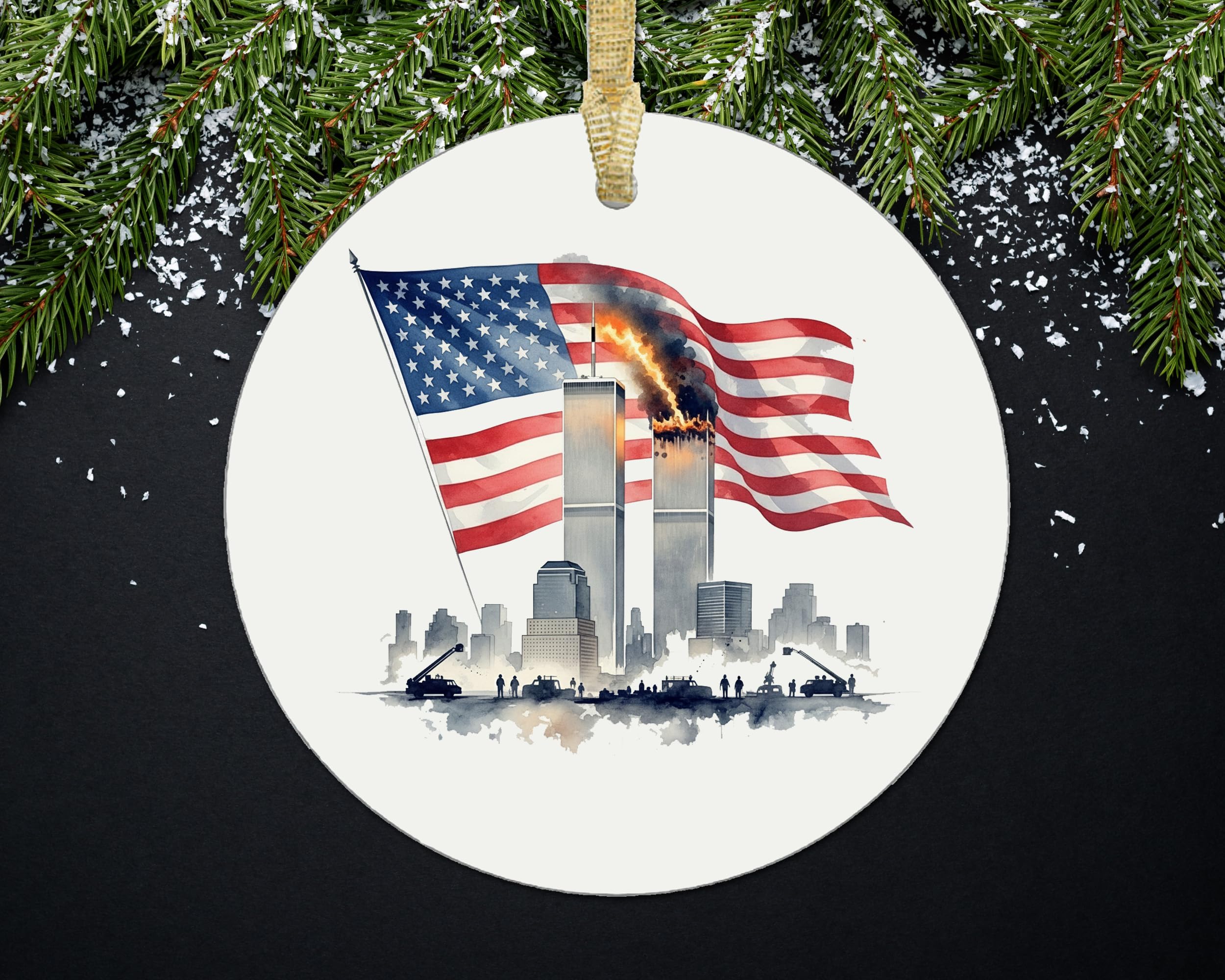 9/11 memorial ornament 3x3 metal handmade with flag