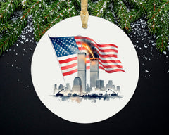 9/11 memorial ornament 3x3 metal handmade with flag
