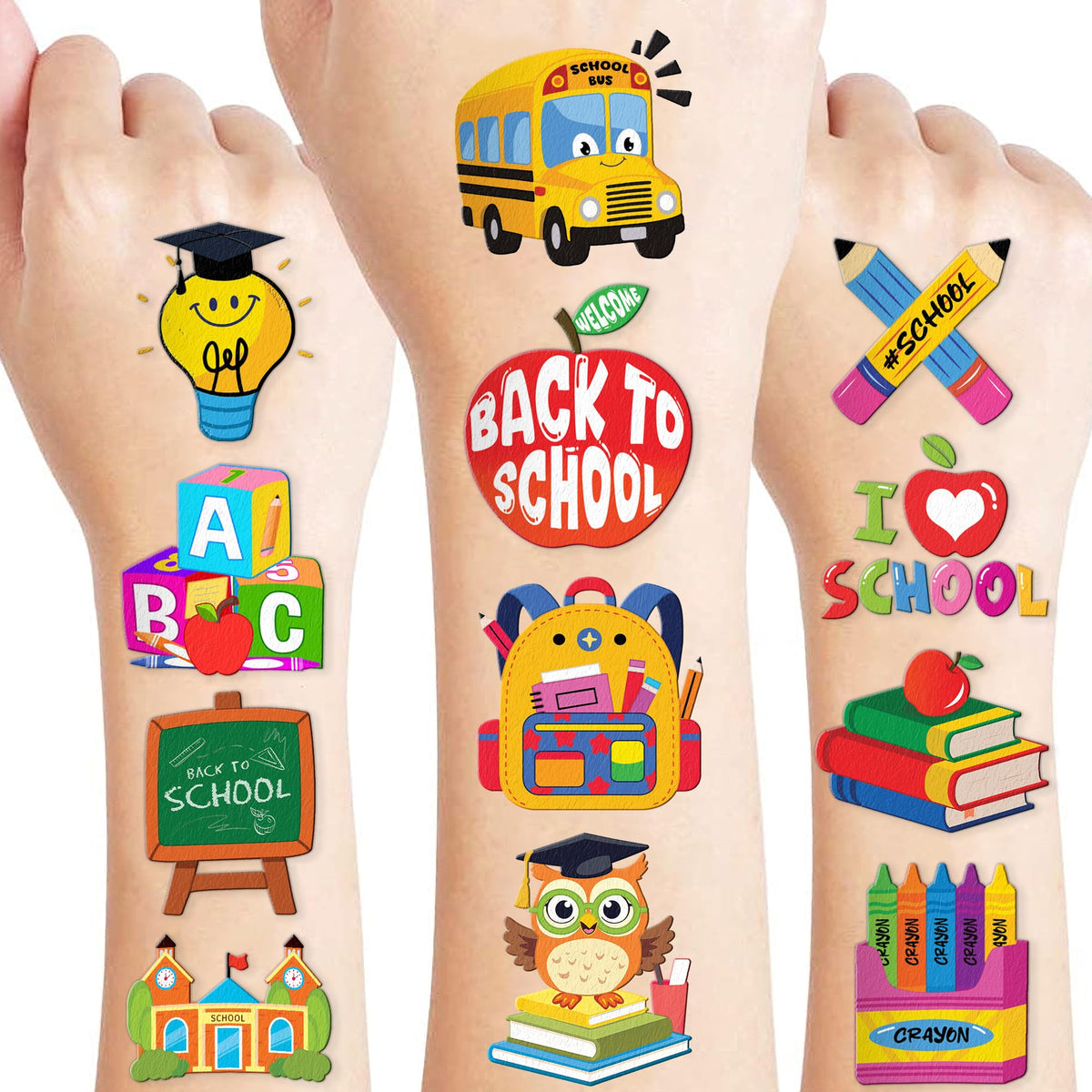 96 piece back to school temporary tattoos set packaging
