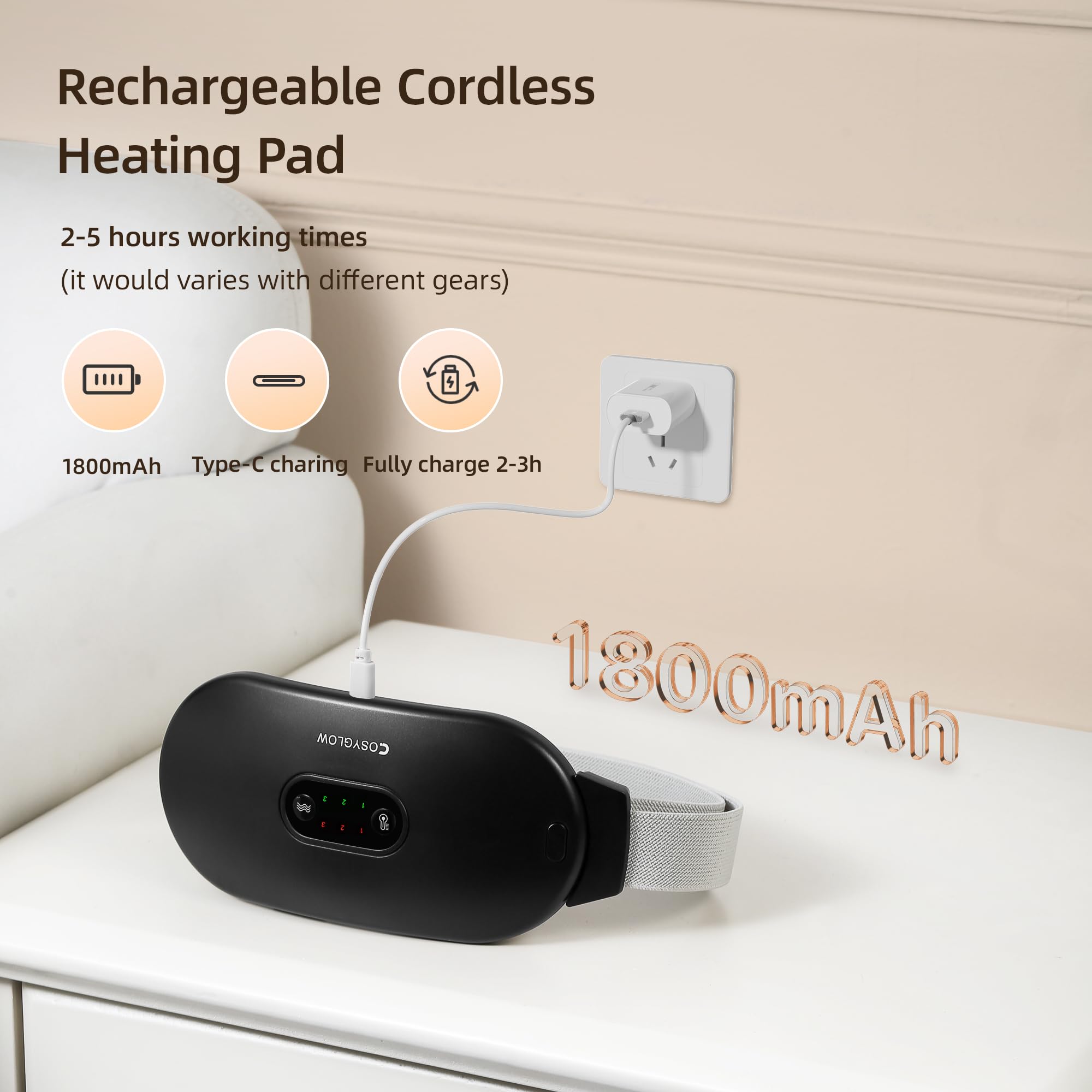 Heating pad showing 6 heat levels and 6 massage modes