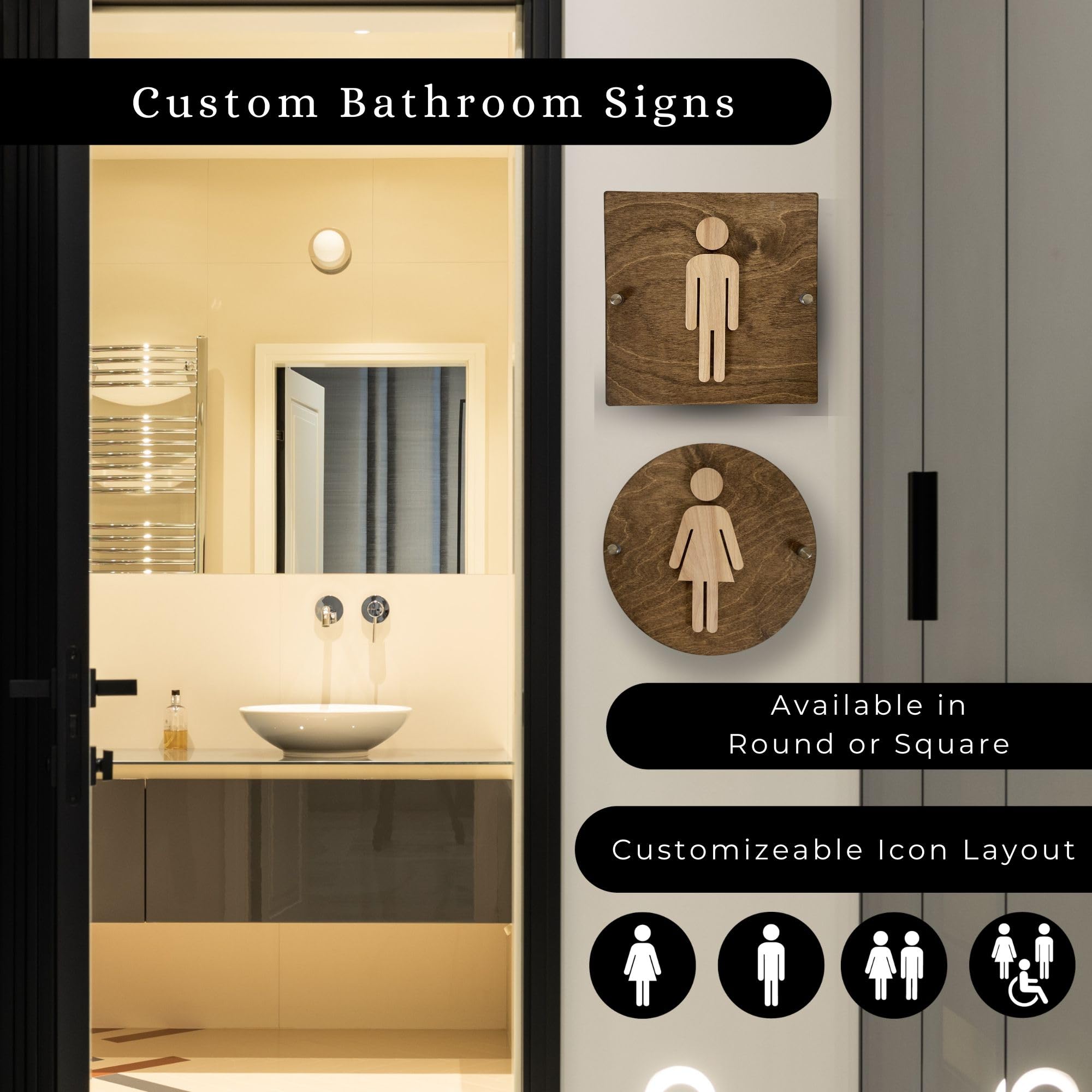 9x9 restroom sign featuring 2D raised icons