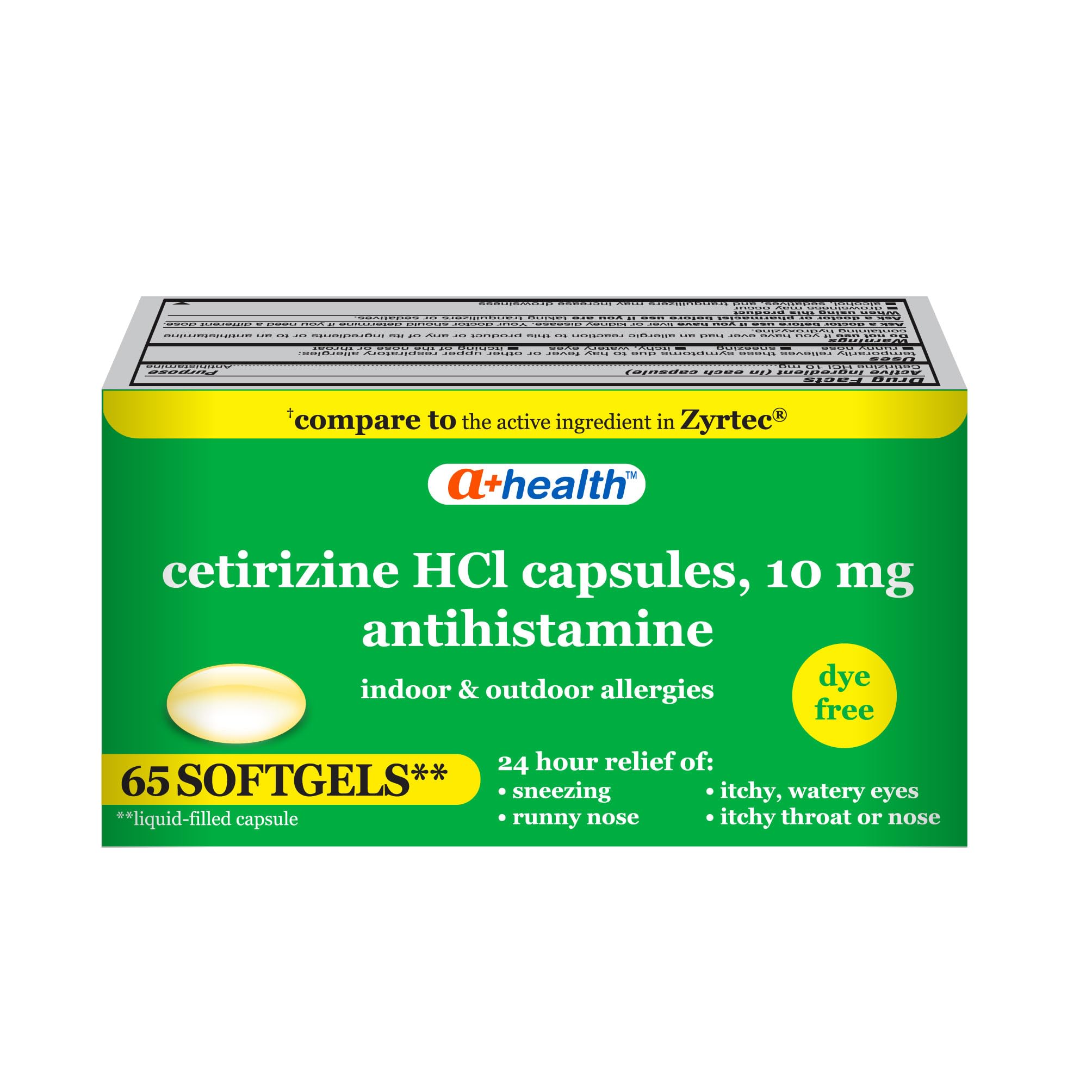 Box of A+Health Cetirizine 10mg Dye Free Liquid Gels 65 Count