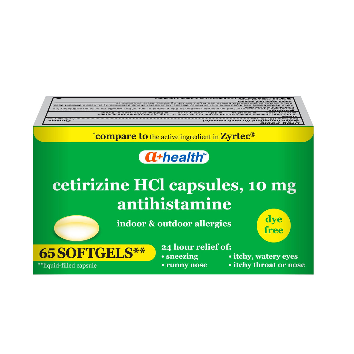 Box of A+Health Cetirizine 10mg Dye Free Liquid Gels 65 Count