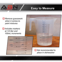 Close up of 1/2 liter and 100 mL increments on ABN pitcher