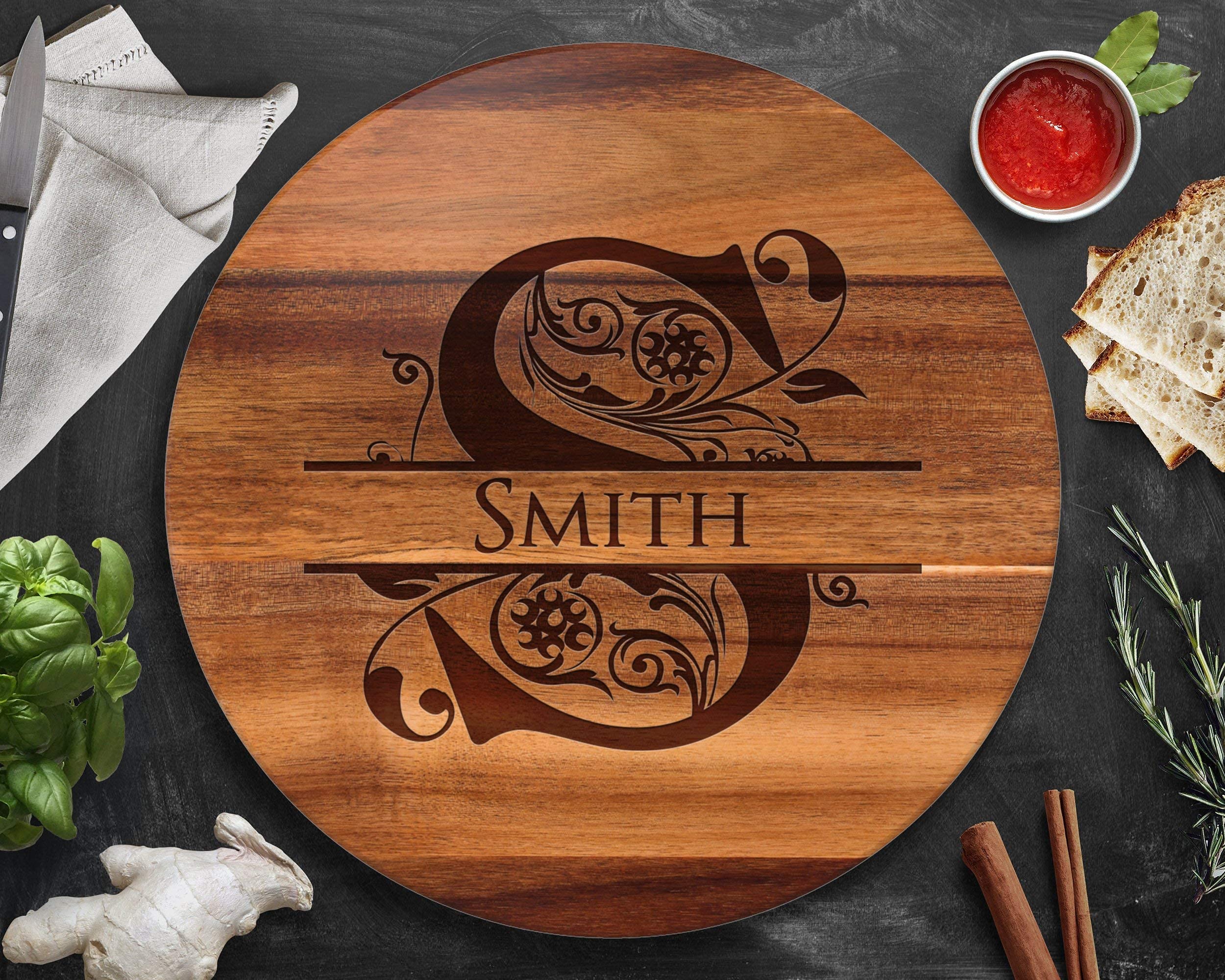 Acacia wood lazy susan custom monogram engraving