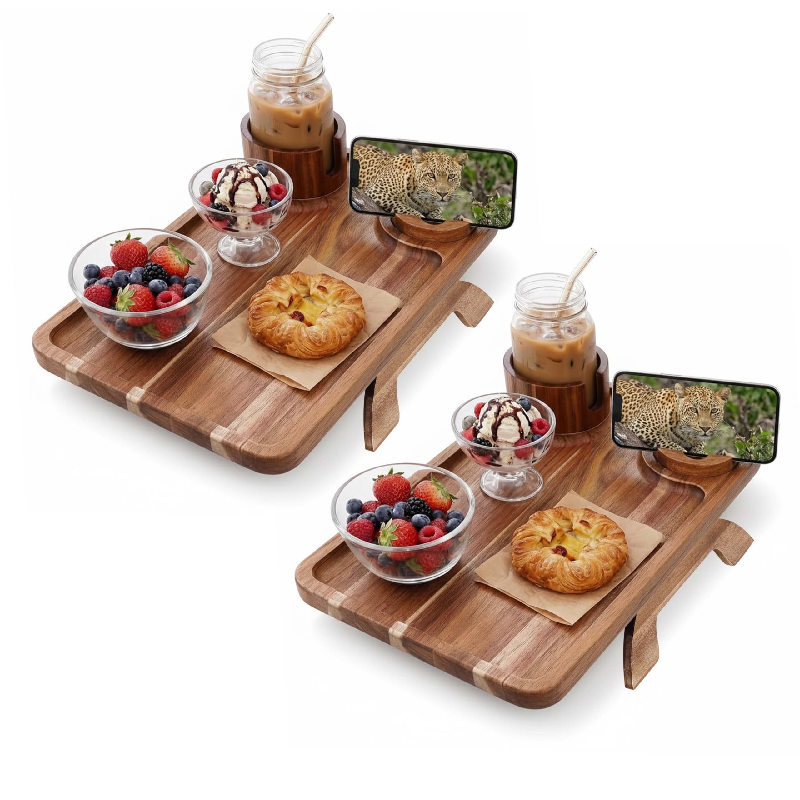 Two acacia wood couch cup holder trays on a sofa armrest
