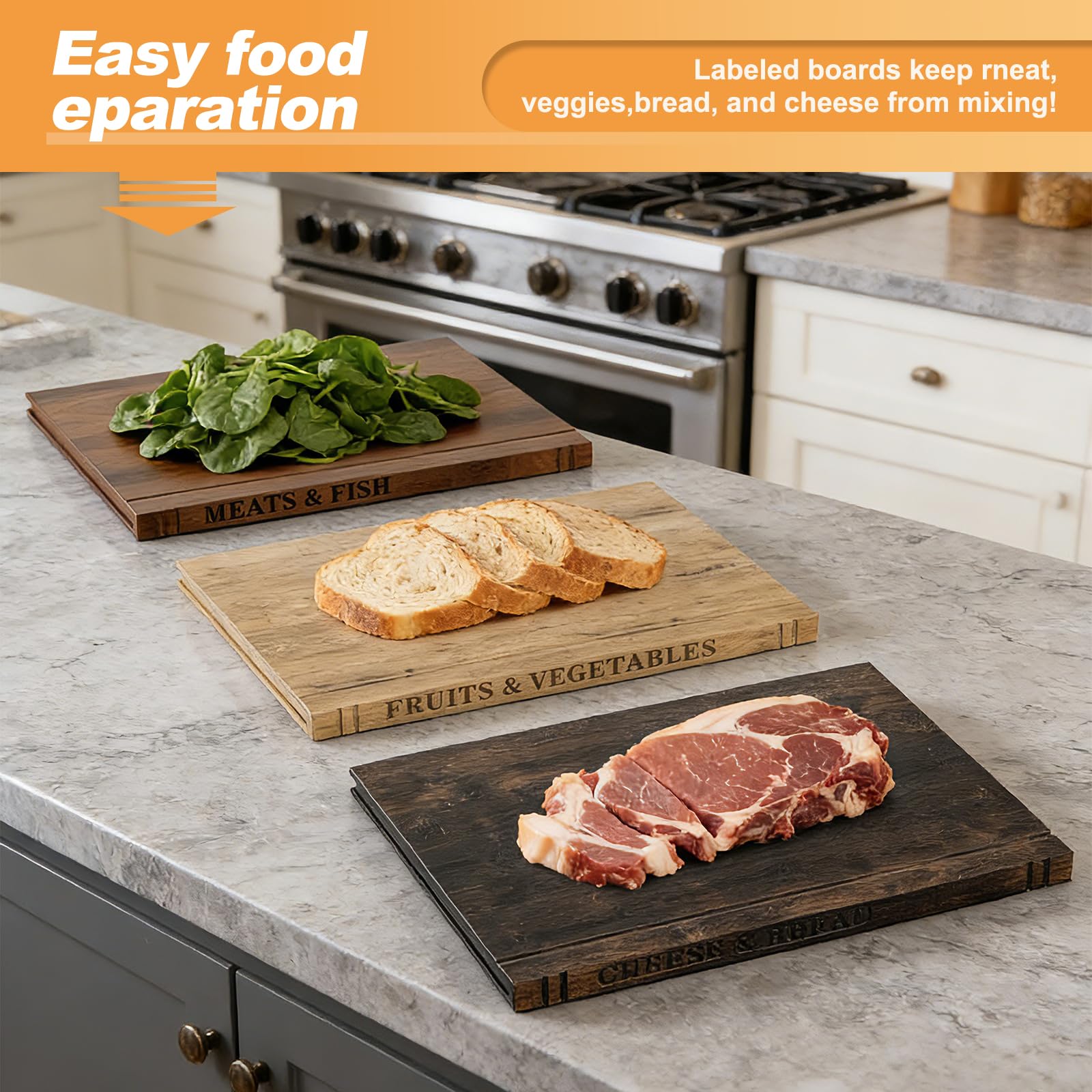 Acacia wood cutting boards stacked book style with wooden stand