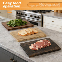 Acacia wood cutting boards stacked book style with wooden stand