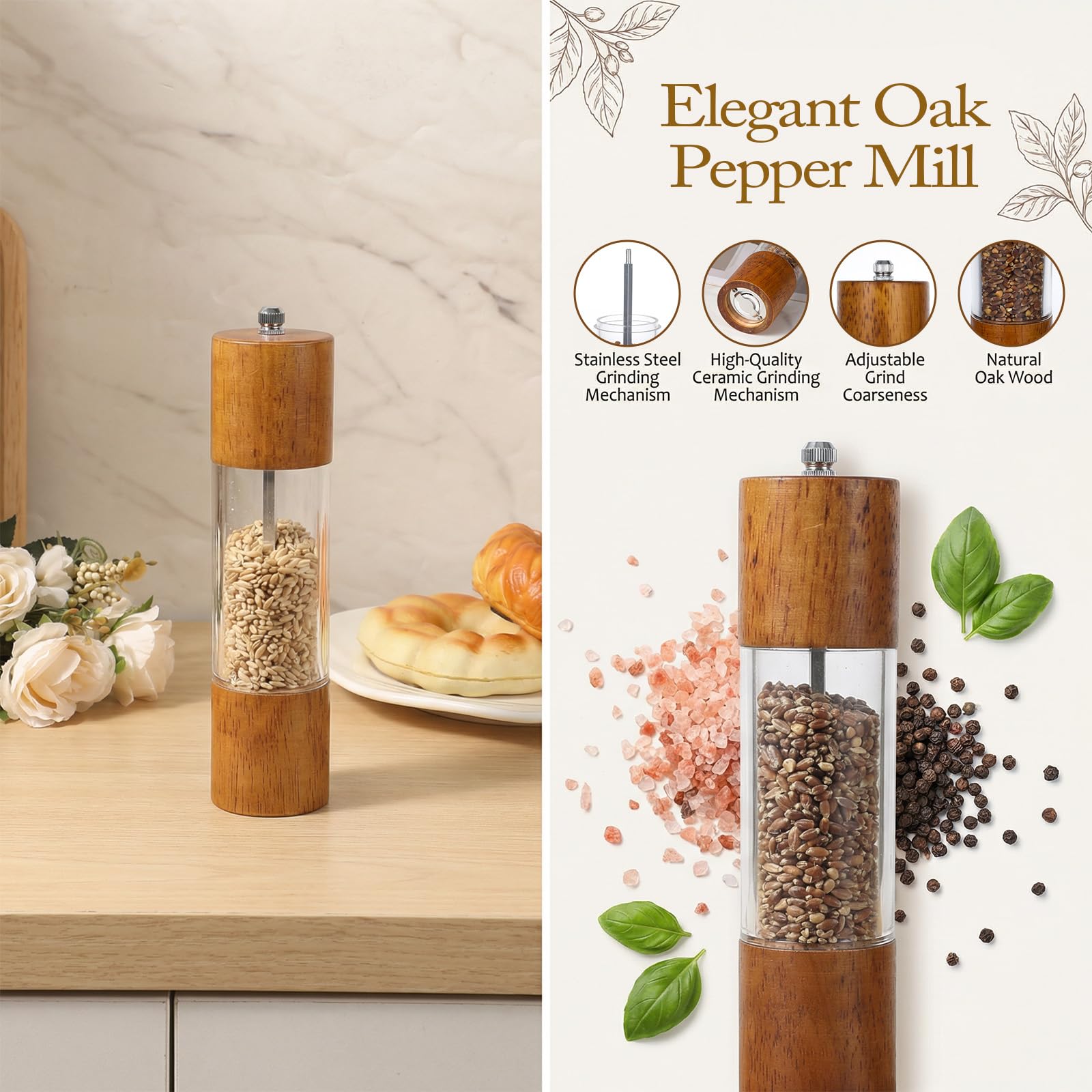 Adjustable coarseness top nut on wooden grinders