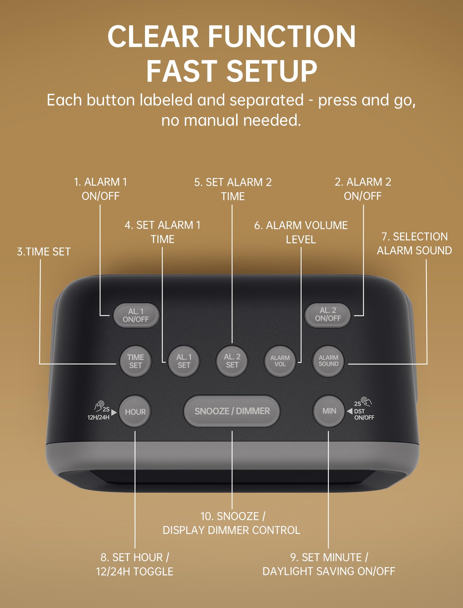 Acedeck alarm clock six alarm sounds option gray